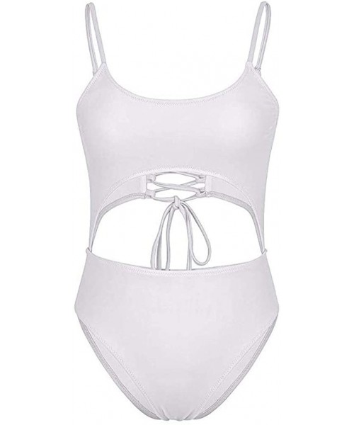 One-Pieces Womens Sexy Scoop Neck Cut Out Front Lace Up Back High Cut Monokini Padded One Piece Swimsuit - White - CK18T9R0044