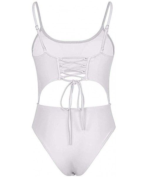 One-Pieces Womens Sexy Scoop Neck Cut Out Front Lace Up Back High Cut Monokini Padded One Piece Swimsuit - White - CK18T9R0044