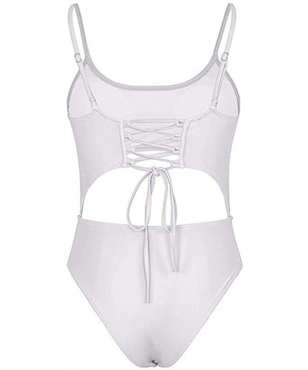 One-Pieces Womens Sexy Scoop Neck Cut Out Front Lace Up Back High Cut Monokini Padded One Piece Swimsuit - White - CK18T9R0044