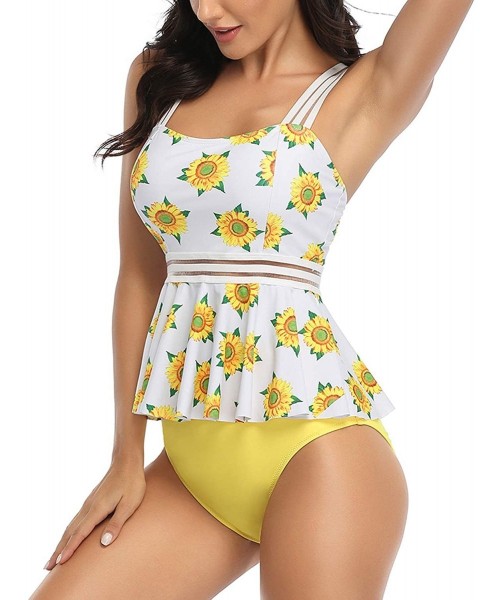 Tankinis Women's Flounce Tankini Set High Waisted Mesh Tummy Control Two Piece Swimsuit - Yellow - C41998WCCYE