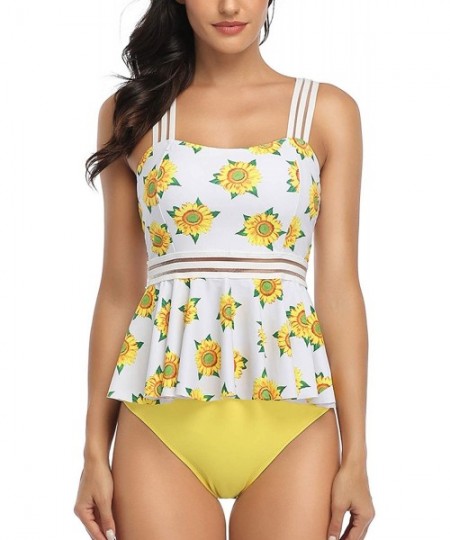 Tankinis Women's Flounce Tankini Set High Waisted Mesh Tummy Control Two Piece Swimsuit - Yellow - C41998WCCYE