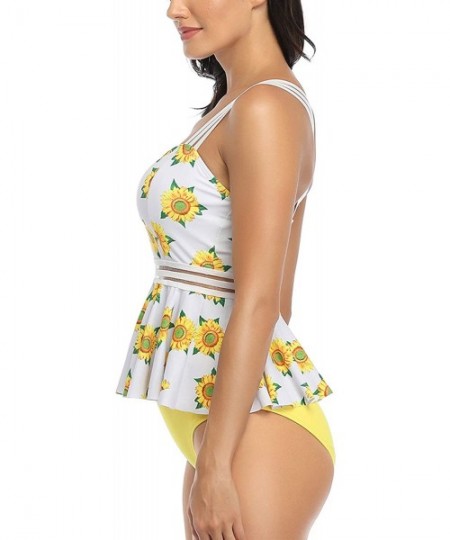 Tankinis Women's Flounce Tankini Set High Waisted Mesh Tummy Control Two Piece Swimsuit - Yellow - C41998WCCYE