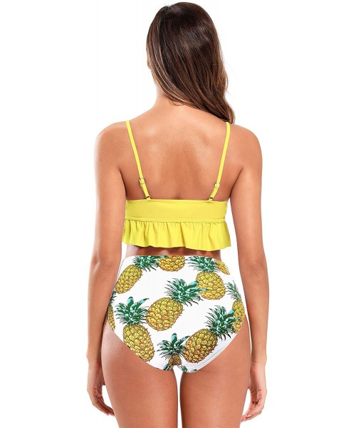 Sets Women's V Neck Ruffle Bikini Ruched Printed High Waist Two Piece Swimsuits - Yellow - CS18A640A3C