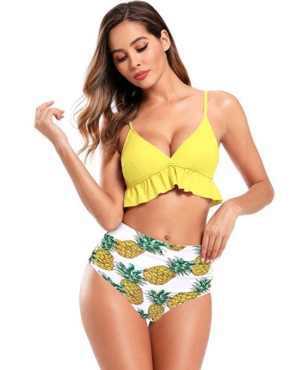 Sets Women's V Neck Ruffle Bikini Ruched Printed High Waist Two Piece Swimsuits - Yellow - CS18A640A3C