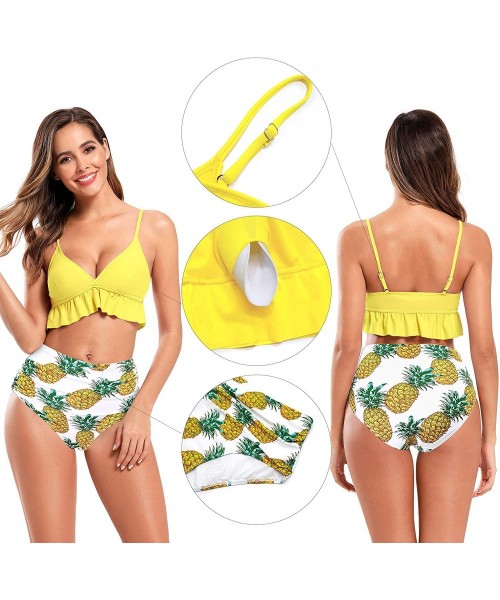 Sets Women's V Neck Ruffle Bikini Ruched Printed High Waist Two Piece Swimsuits - Yellow - CS18A640A3C