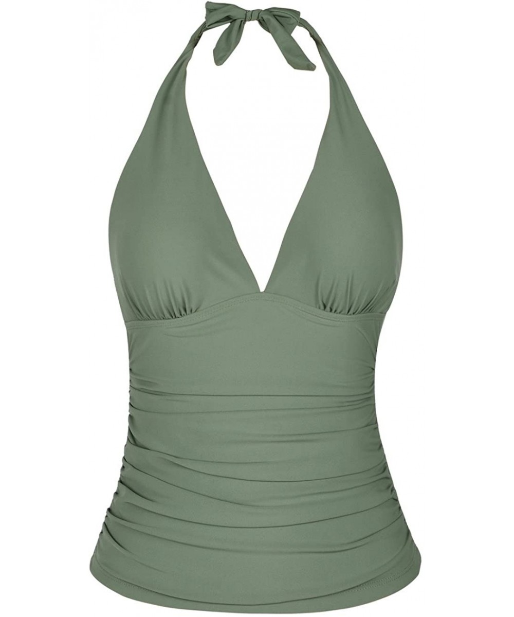 Tops Women's Plunging V Neck Halter Swim Tops Shirred Tankini Top - Army Green - C718DXKR256