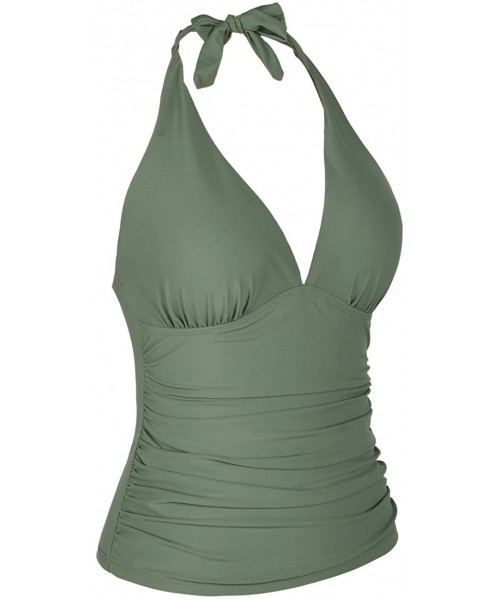 Tops Women's Plunging V Neck Halter Swim Tops Shirred Tankini Top - Army Green - C718DXKR256