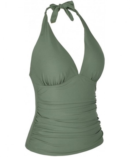 Tops Women's Plunging V Neck Halter Swim Tops Shirred Tankini Top - Army Green - C718DXKR256