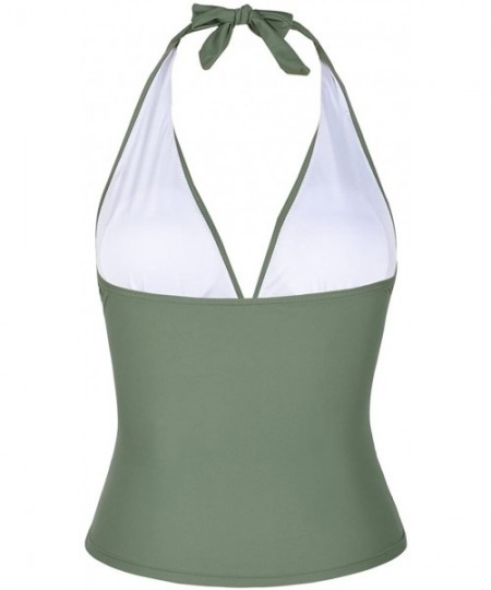 Tops Women's Plunging V Neck Halter Swim Tops Shirred Tankini Top - Army Green - C718DXKR256