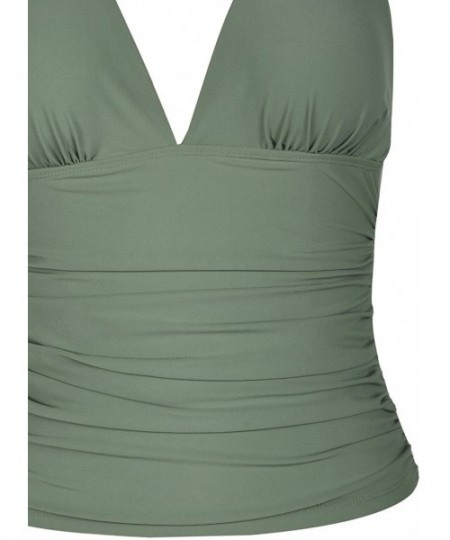 Tops Women's Plunging V Neck Halter Swim Tops Shirred Tankini Top - Army Green - C718DXKR256