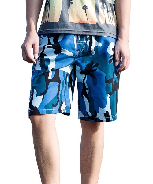 Board Shorts Mens Outdoor Camouflage Print Swim Trunks Beach Board Shorts - Blue - CV18QMZ8RQI