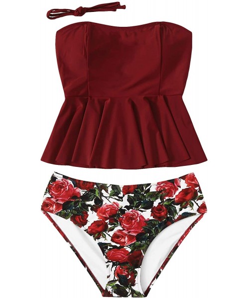 Sets Women's Sexy Ruffle Peplum Bandeau Swimsuit Floral Print Bikini Set - Burgundy - C1193QMT4IY