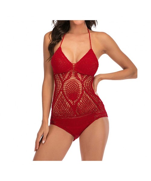 One-Pieces Women's Sexy One Piece Swimsuit Backless Hollow Mesh Crochet Monokini Bathing Suit Beachwear (Red- S) - Red - CT19...