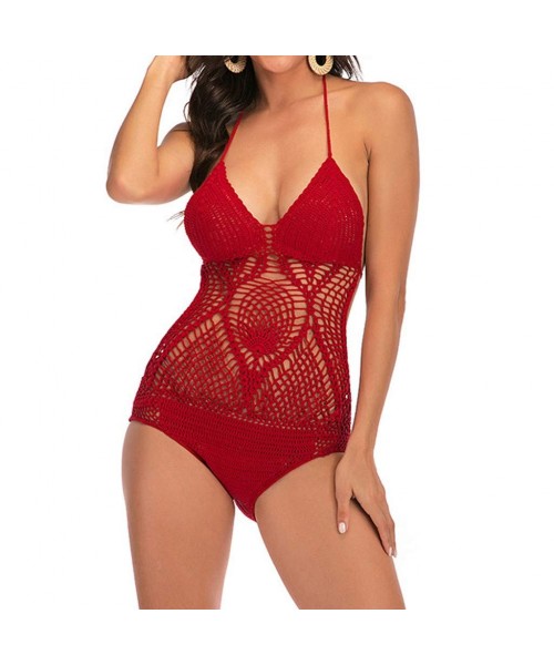 One-Pieces Women's Sexy One Piece Swimsuit Backless Hollow Mesh Crochet Monokini Bathing Suit Beachwear (Red- S) - Red - CT19...