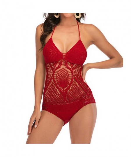 One-Pieces Women's Sexy One Piece Swimsuit Backless Hollow Mesh Crochet Monokini Bathing Suit Beachwear (Red- S) - Red - CT19...