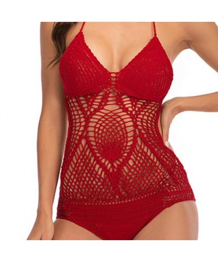 One-Pieces Women's Sexy One Piece Swimsuit Backless Hollow Mesh Crochet Monokini Bathing Suit Beachwear (Red- S) - Red - CT19...