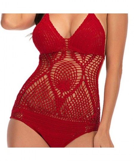 One-Pieces Women's Sexy One Piece Swimsuit Backless Hollow Mesh Crochet Monokini Bathing Suit Beachwear (Red- S) - Red - CT19...