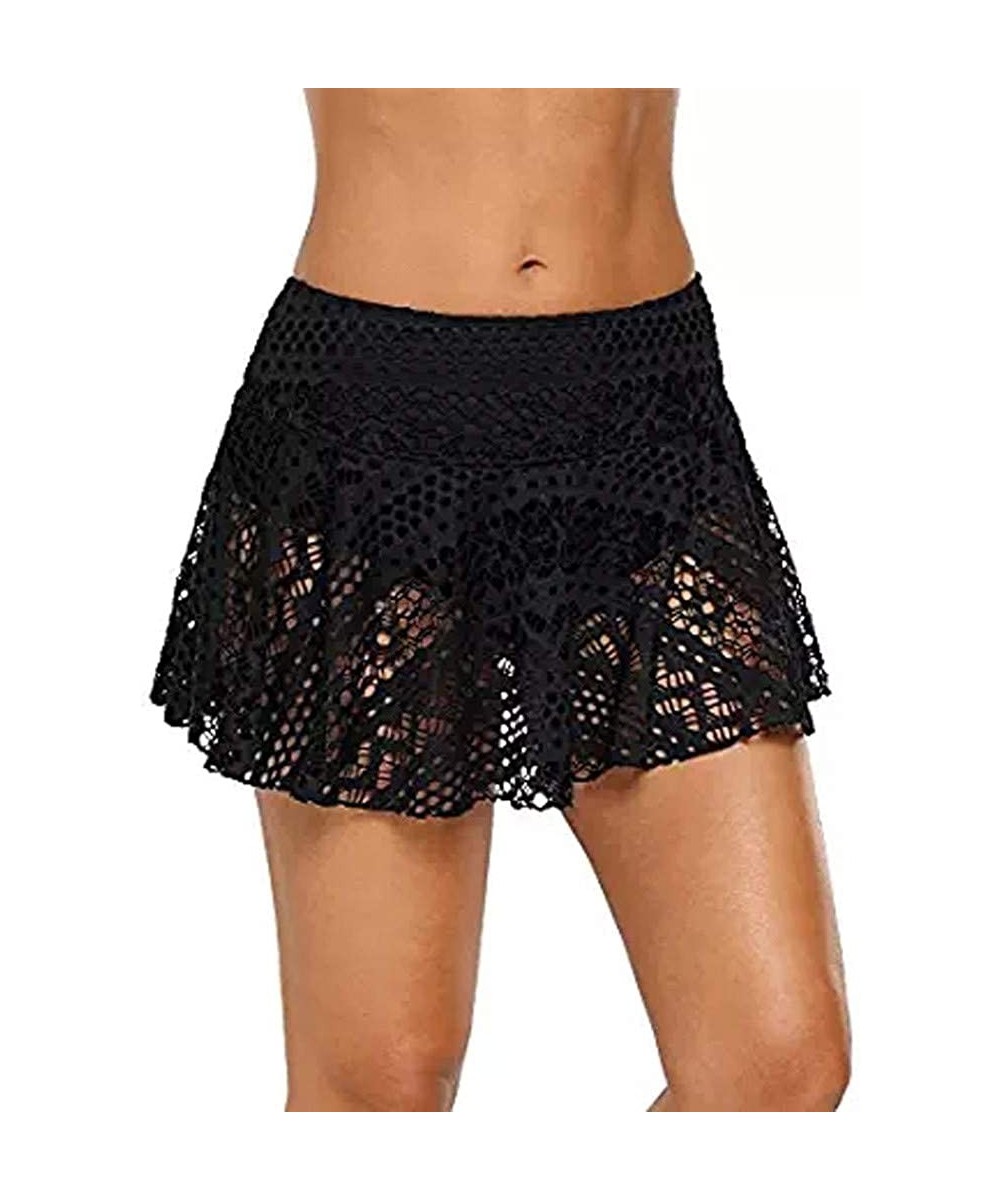 Bottoms Womens Swim Skirt Floral Lace Crochet Skirted Bikini Bottoms Swimsuit Short Skort Swimdress Swim Brief - Black - CY19...