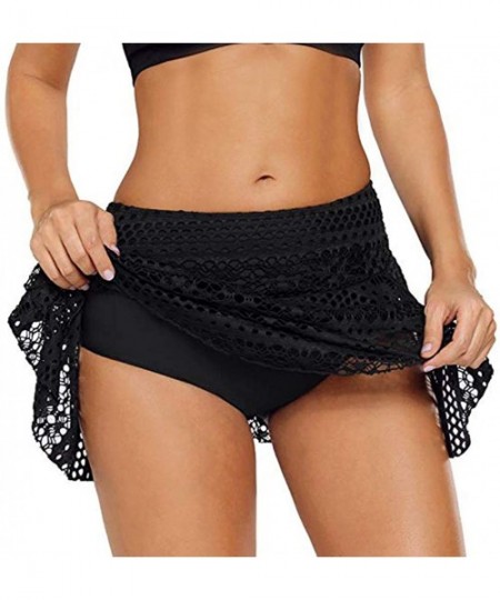 Bottoms Womens Swim Skirt Floral Lace Crochet Skirted Bikini Bottoms Swimsuit Short Skort Swimdress Swim Brief - Black - CY19...