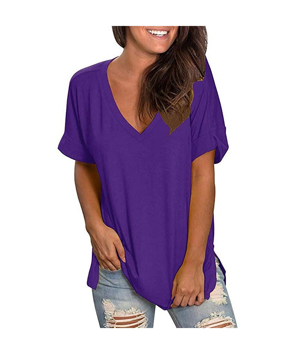 Board Shorts Womens Summer Short Sleeve T Shirts V Neck Tunic Roll Up Tops Cute Tees Loose Fitted Henley Workout Shirts Purpl...