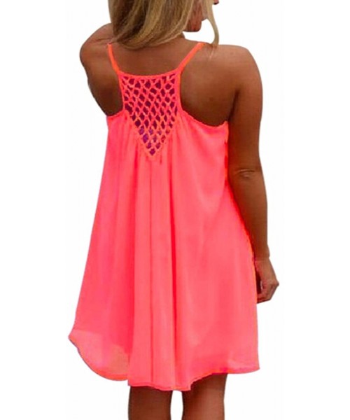 Cover-Ups US Size Women's Plus Size Sexy Summer Sleeveless Vibrant Color Chiffon Loose Bathing Suit Cover Up - Rosered - C118...