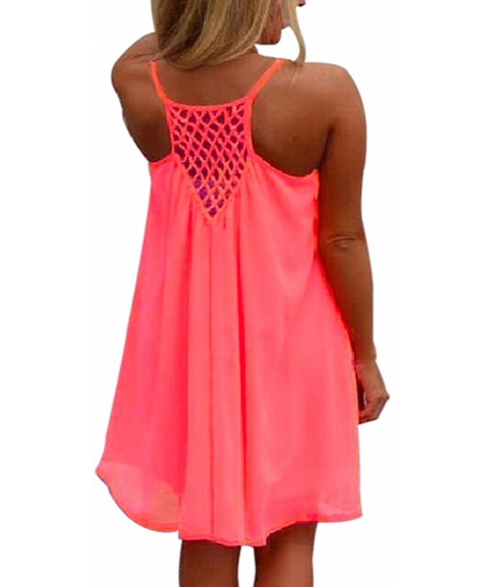 Cover-Ups US Size Women's Plus Size Sexy Summer Sleeveless Vibrant Color Chiffon Loose Bathing Suit Cover Up - Rosered - C118...