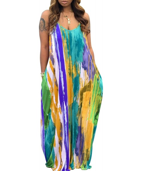 Cover-Ups Women's Summer Casual Plus Size Dress Loose Tie Dye Strap Maxi Dress with Pockets - 9365-2multicolor - CV199ZKH7C0