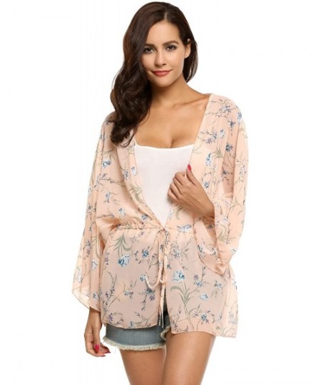 Cover-Ups Women's Chiffon Floral Print Blouse Loose Beach Cover up Kimono Cardigan - Pink - C8182XSN0Q8