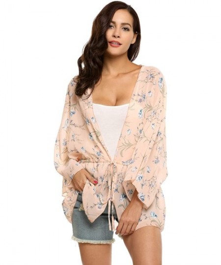 Cover-Ups Women's Chiffon Floral Print Blouse Loose Beach Cover up Kimono Cardigan - Pink - C8182XSN0Q8