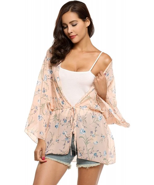 Cover-Ups Women's Chiffon Floral Print Blouse Loose Beach Cover up Kimono Cardigan - Pink - C8182XSN0Q8