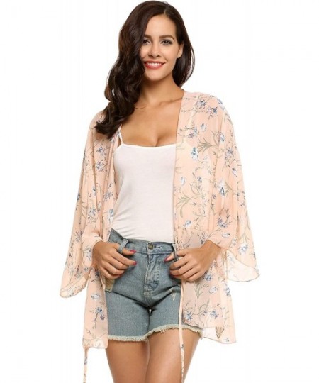 Cover-Ups Women's Chiffon Floral Print Blouse Loose Beach Cover up Kimono Cardigan - Pink - C8182XSN0Q8