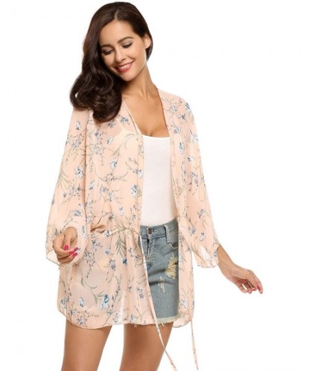 Cover-Ups Women's Chiffon Floral Print Blouse Loose Beach Cover up Kimono Cardigan - Pink - C8182XSN0Q8