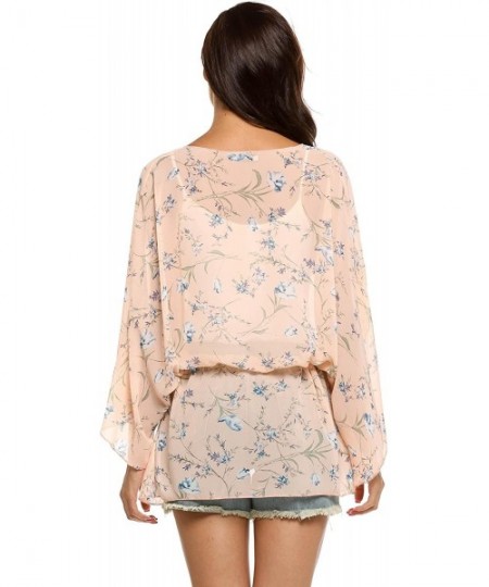 Cover-Ups Women's Chiffon Floral Print Blouse Loose Beach Cover up Kimono Cardigan - Pink - C8182XSN0Q8