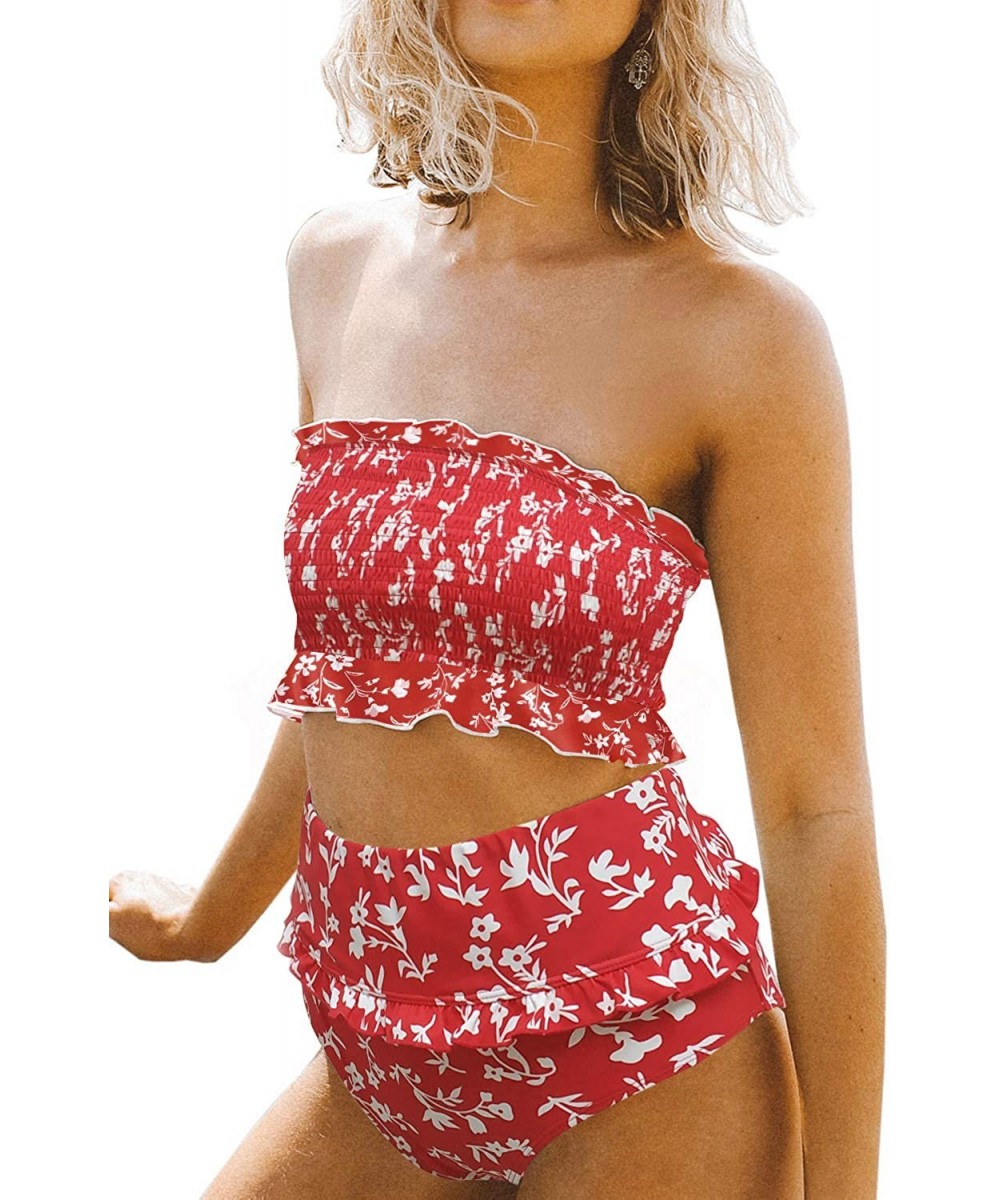 Sets Women's Smocked Bandeau Ruffle Printed One Piece Swimsuit Sexy Halter Cutout Swimwear - C-red - C3195TX6U0X