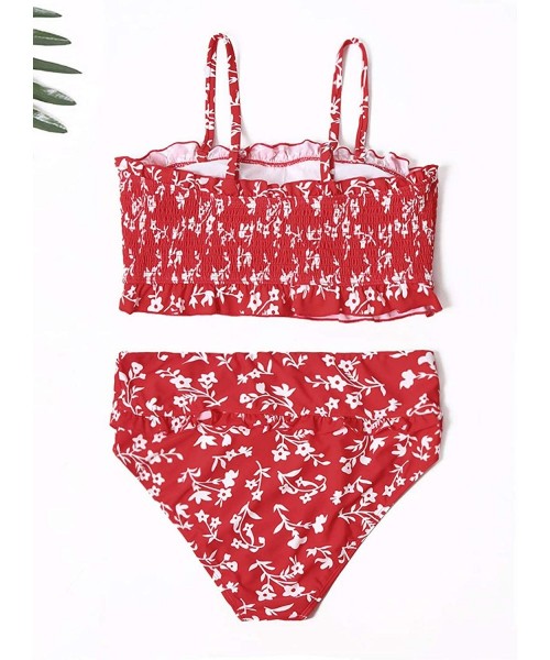 Sets Women's Smocked Bandeau Ruffle Printed One Piece Swimsuit Sexy Halter Cutout Swimwear - C-red - C3195TX6U0X