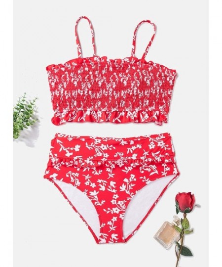 Sets Women's Smocked Bandeau Ruffle Printed One Piece Swimsuit Sexy Halter Cutout Swimwear - C-red - C3195TX6U0X