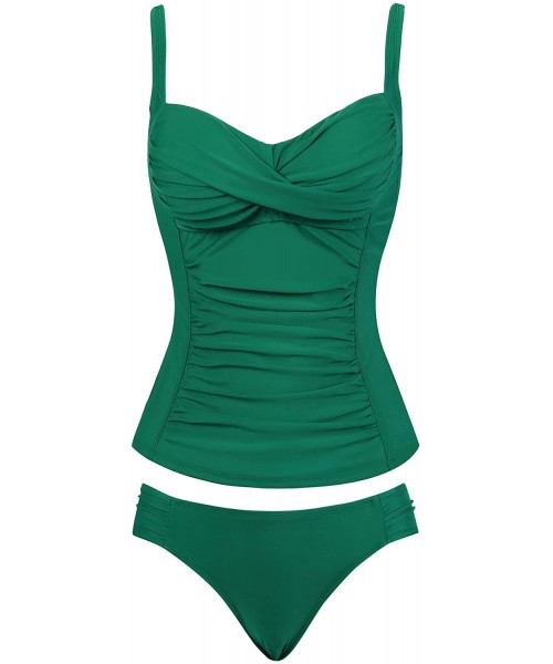 Tankinis Womens Ruched Tankini Swimsuit Tummy Control Bathing Suit Twist Front Top & Hipster Botoom - Green - CG18T730GHH