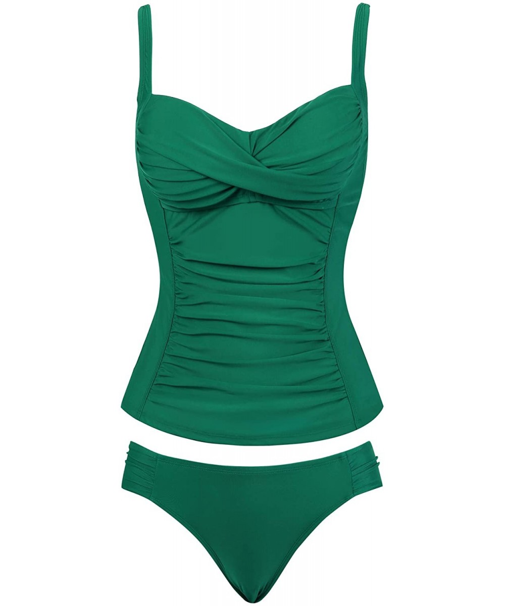 Tankinis Womens Ruched Tankini Swimsuit Tummy Control Bathing Suit Twist Front Top & Hipster Botoom - Green - CG18T730GHH