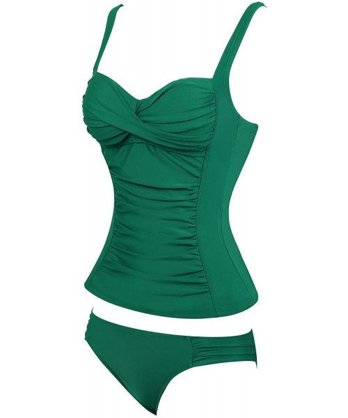 Tankinis Womens Ruched Tankini Swimsuit Tummy Control Bathing Suit Twist Front Top & Hipster Botoom - Green - CG18T730GHH