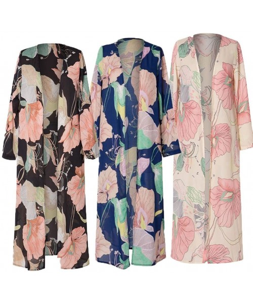 Cover-Ups Women's Floral Chiffon Kimono Cardigan Cover Up Bathing Suit Beach Bikini Swimsuit Long Maxi Shawl Long Sleeves She...