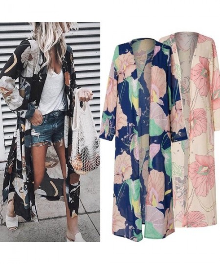 Cover-Ups Women's Floral Chiffon Kimono Cardigan Cover Up Bathing Suit Beach Bikini Swimsuit Long Maxi Shawl Long Sleeves She...