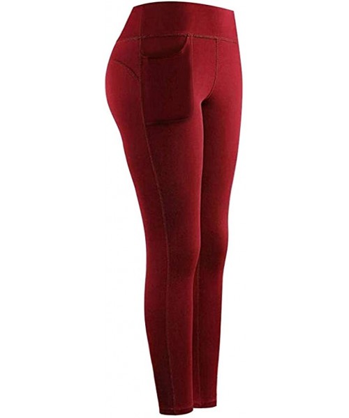 Board Shorts High Waisted Leggings for Women Tummy Control Workout Stretch Yoga Leggings with Side Pockets - Wine - C0196MAEEI4