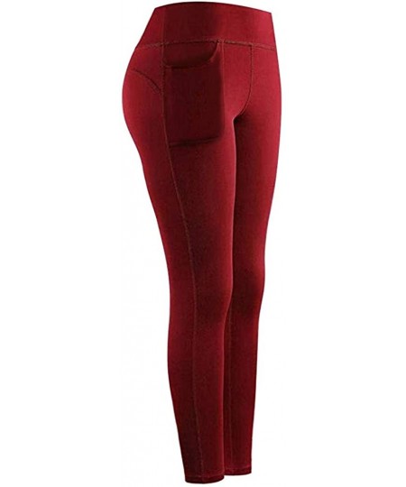 Board Shorts High Waisted Leggings for Women Tummy Control Workout Stretch Yoga Leggings with Side Pockets - Wine - C0196MAEEI4