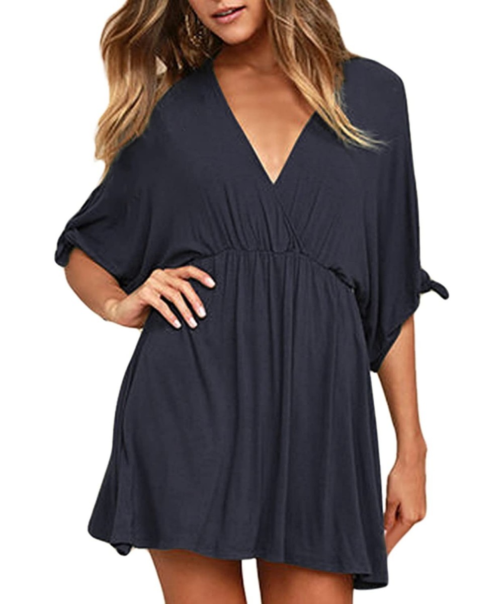 Cover-Ups Women's Deep V Neck Short Sleeve Beach Dress Loose Casual Summer Mini Dresses - Navy Blue - CR19C2NC0WG