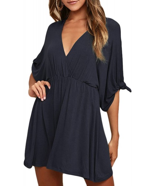 Cover-Ups Women's Deep V Neck Short Sleeve Beach Dress Loose Casual Summer Mini Dresses - Navy Blue - CR19C2NC0WG