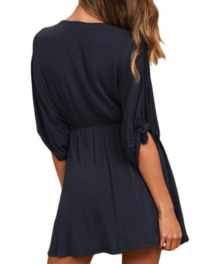 Cover-Ups Women's Deep V Neck Short Sleeve Beach Dress Loose Casual Summer Mini Dresses - Navy Blue - CR19C2NC0WG