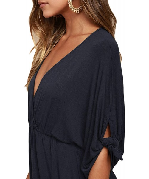 Cover-Ups Women's Deep V Neck Short Sleeve Beach Dress Loose Casual Summer Mini Dresses - Navy Blue - CR19C2NC0WG