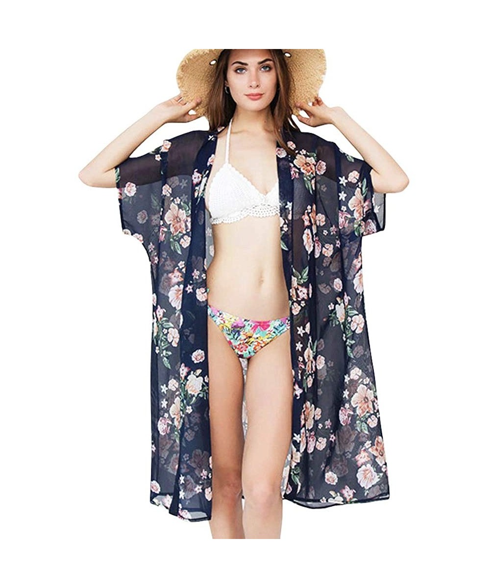 Cover-Ups Chiffon Floral Beach Cover Up Sheer Bikini Wrap for Seaside Holiday - A-navy - C118Q73WXU4