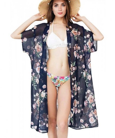 Cover-Ups Chiffon Floral Beach Cover Up Sheer Bikini Wrap for Seaside Holiday - A-navy - C118Q73WXU4