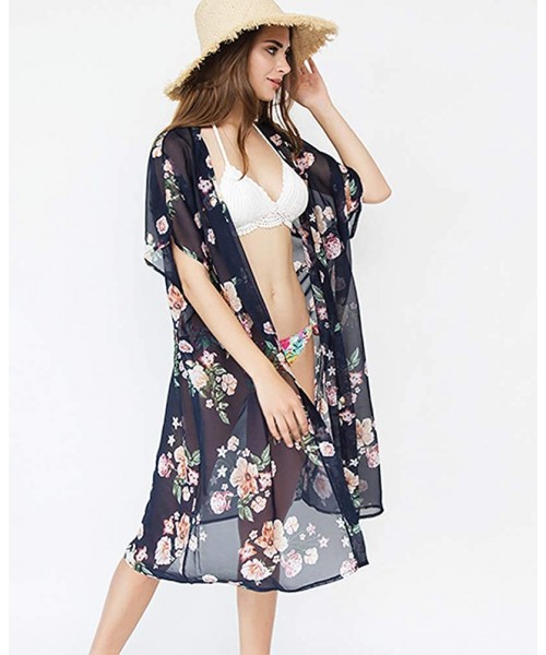 Cover-Ups Chiffon Floral Beach Cover Up Sheer Bikini Wrap for Seaside Holiday - A-navy - C118Q73WXU4